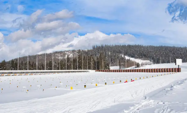now-covered shooting range for biathlon on a background of trees. Winter landscape