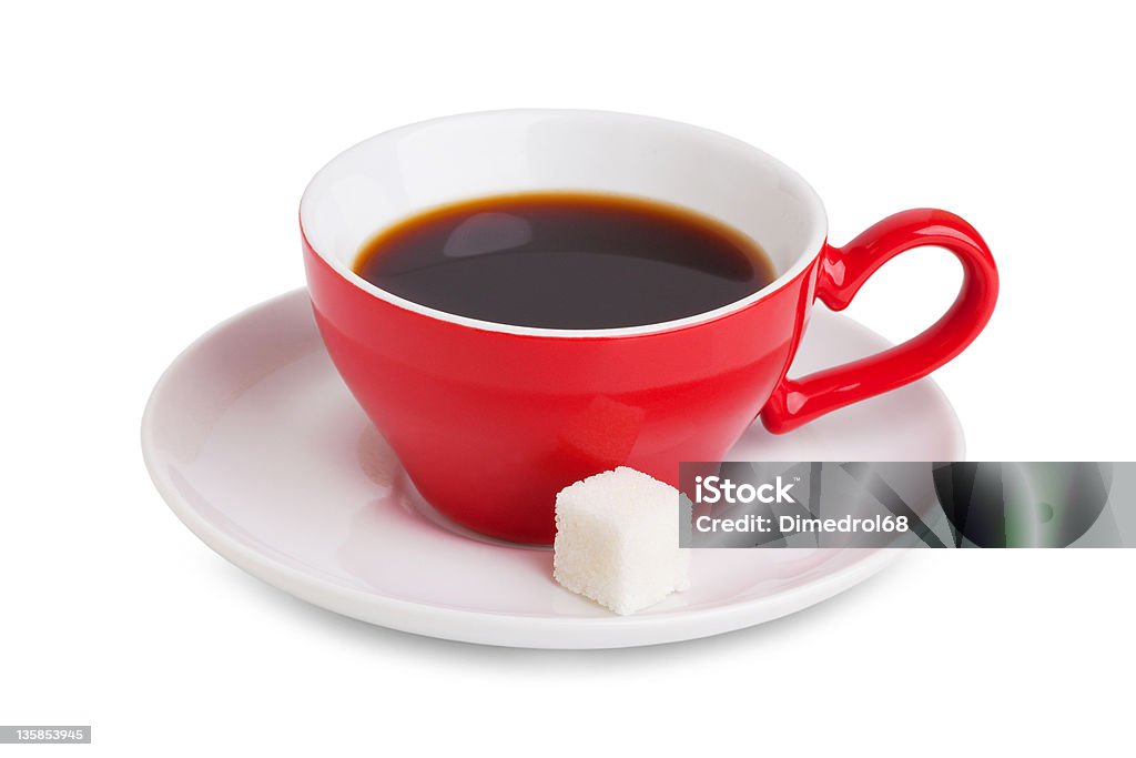 Red cup withcoffee und ein Stück weißen Zucker - Lizenzfrei Behälter Stock-Foto