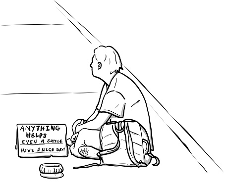 Homeless person sitting on the sidewalk and begging with a sign in this sketch vector illustration
