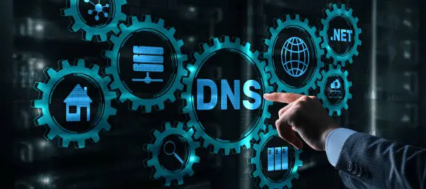 DNS concept businessman touching on virtual screen.