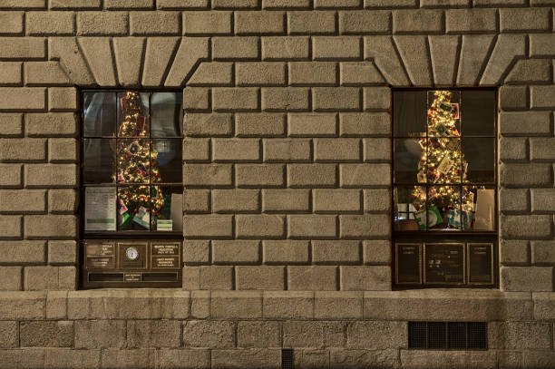 Christmas decorations on windows of An Post, General Post Office on O'Connell Street in Dublin stock photo