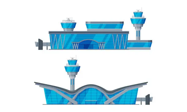 Vector illustration of Airport Terminal Building with Concourse and Control Tower Vector Set