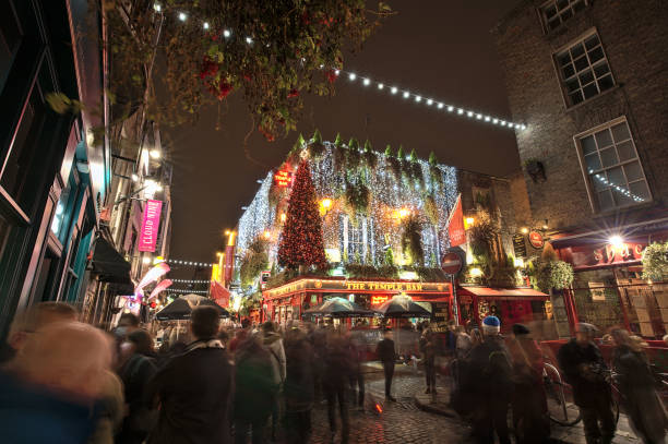 The famous Irish pub The Temple Bar decorated for Christmas in the evening stock photo