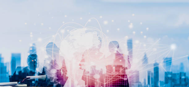 istock Business global network connection telecommunication or Metaverse technology concept, Futuristic silhouette business people group working on virtual meeting with internet link graphic background 1358543455