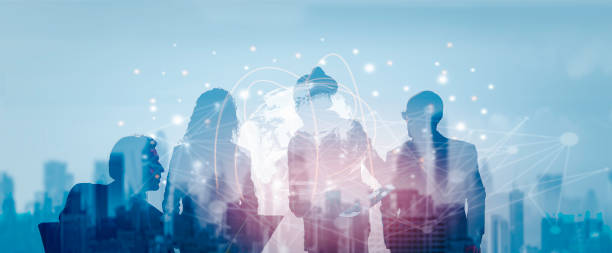 istock Business global network connection telecommunication or Metaverse technology concept, Futuristic silhouette business people group working on virtual meeting with internet link graphic background 1358543465