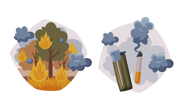 Environmental Pollution Cause and Source with Wildfire and Smoking Cigarette Vector Set Environmental Pollution Cause and Source with Wildfire and Smoking Cigarette Vector Set. Ecological Problem and Harmful Planet Effect Concept cigarette fire stock illustrations