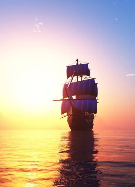 Vintage sailboat in the sea at sunset.3d render