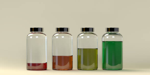 3d rendered reloading concept: Illustration of charging batteries with dropped shadow. Metaphoric glass vials with silver metallic cap and colorful see through liquids in various levels. Colored background with copy space.