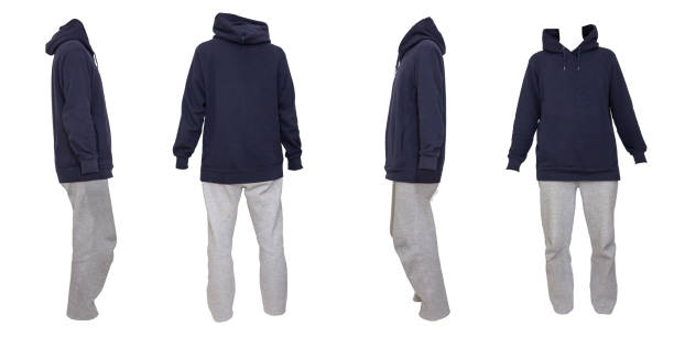 Navy blue hoodie and gray sweatpants set, front, back, left and right