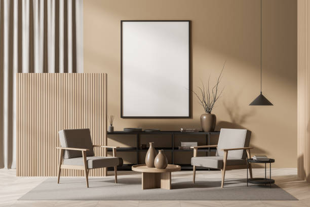 istock Light living room interior with armchairs and coffee table, mockup poster 1358547234