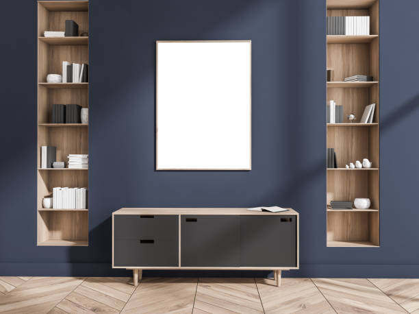 istock Empty canvas on blue wall of modern living room 1358547255