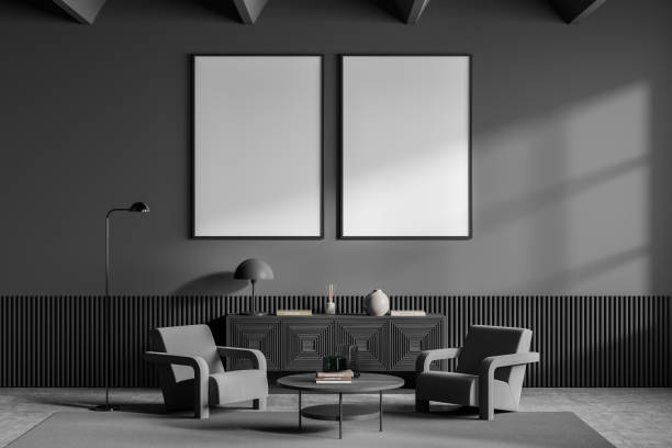 istock Dark living room interior with two empty white posters 1358547668