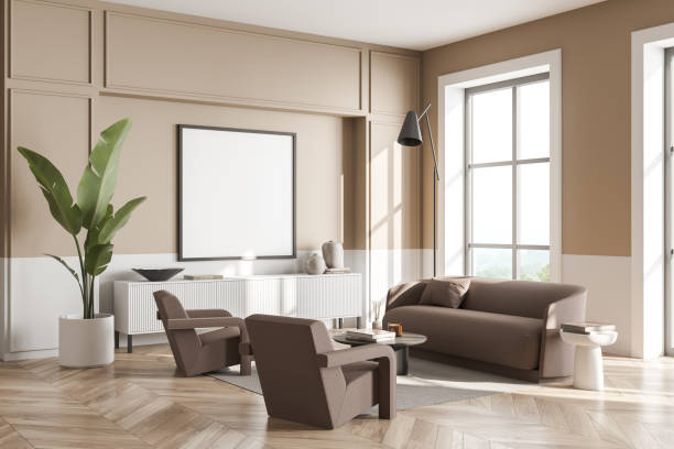 istock Square frame mockup in beige living room. Corner view. 1358547771