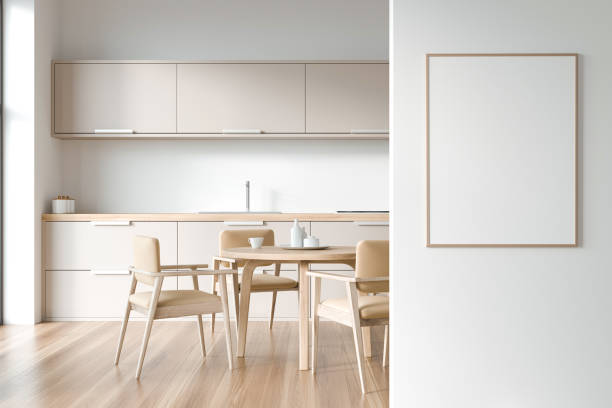 istock White kitchen set interior with table and beige chairs. Poster menu 1358548619