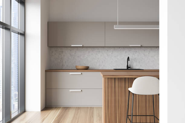 istock Light kitchen set interior with table and seat, shelves and window 1358548771
