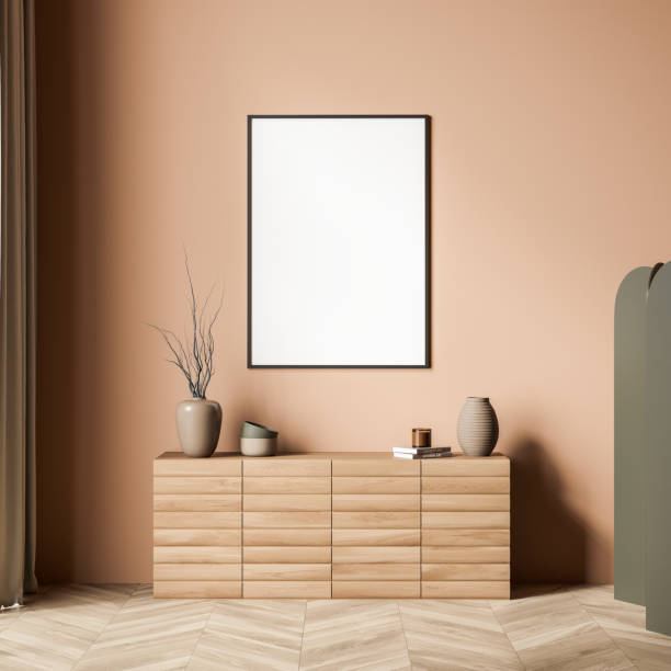 Beige living room wall with canvas and standing sideboard