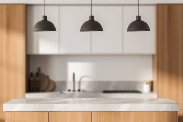 istock Light kitchen interior with sink and stove blurred, mockup 1358548985