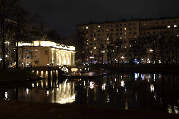 View of Patriarch's Ponds at night in Moscow, Russia