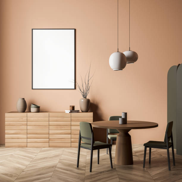 istock Mockup in beige and green living room with dining table 1358549258