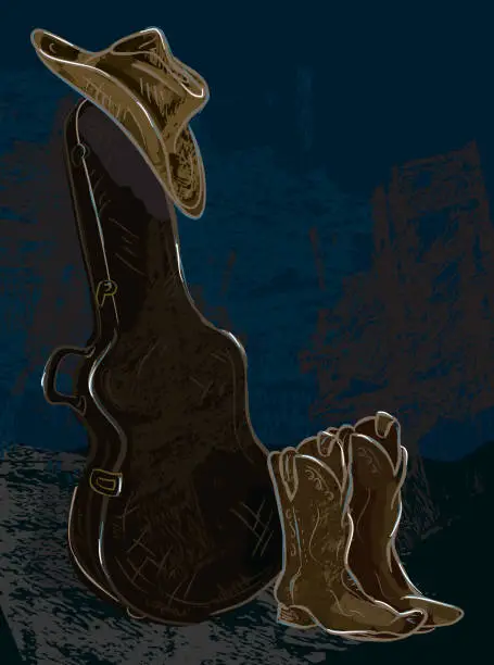 Vector illustration of Guitar case with cowboy hat and boots