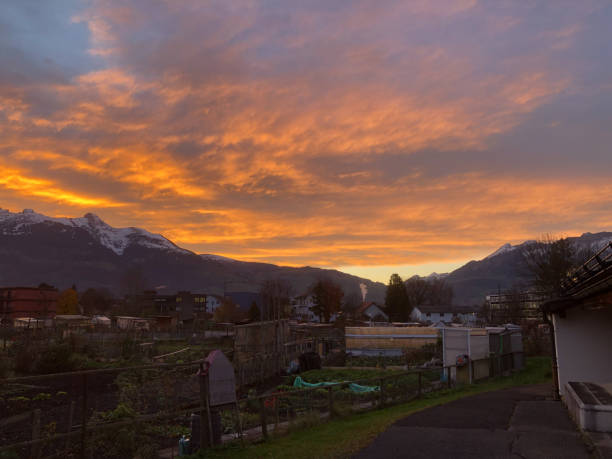 Schaan, Liechtenstein, November 9, 2021 Incredible colorful sky just after sunset