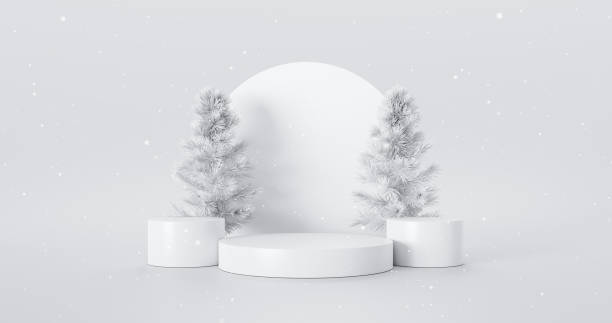 albero di natale prodotto podio display bianco 3d sfondo minimale inverno palcoscenico celebrazione piattaforma e presentazione neve astratta stand piedistallo studio mockup carta da parati premium. - backdrop design decoration winter foto e immagini stock