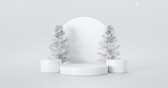 Christmas tree product podium display showcase white 3d background minimal winter stage celebration platform and abstract snow presentation stand pedestal exhibition  studio mockup premium wallpaper.