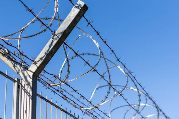 istock barbed wire fence on a blue sky background 1358559246
