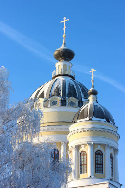 Transfiguration Cathedral, domes with crosses in Rybinsk, winter 2021-2022