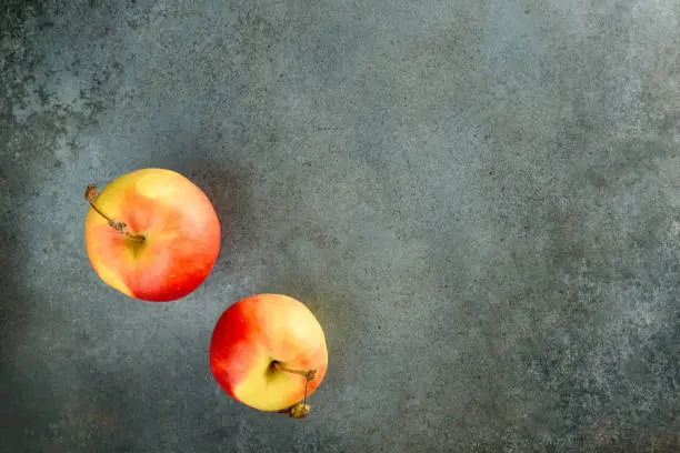 Two yellow-red apples on a gray-blue background.