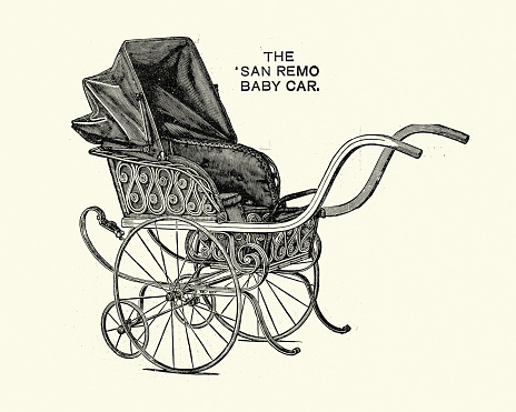 Vintage illustration of Victorian baby car, carriage, pram, 1890s 19th Century