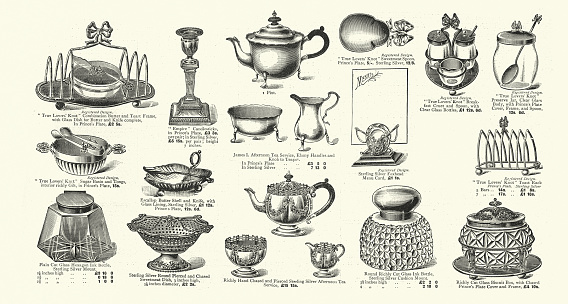 Vintage illustration Examples of late Victorian silverware, Toast rac, sugar basin, ink bottle, Candlestick, Teapot, Biscuit box, 1890s, 19th Century