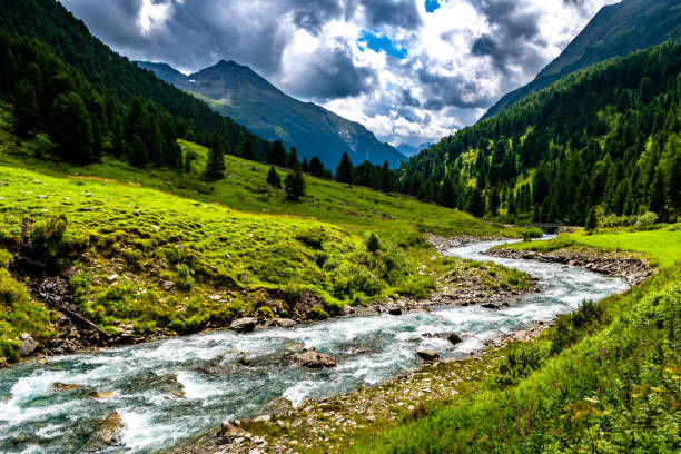 istock Clear Mountain River Flows Through Alpine Valley With Pine Forests In Deferegental In Tirol In Austria 1358563976