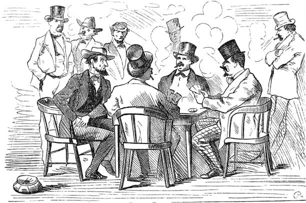 Antique illustration - Harper's Magazine - group of men sitting at a table playing poker vector art illustration