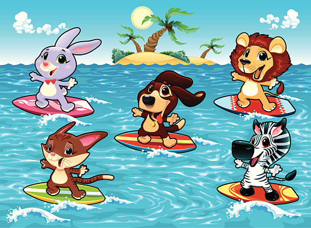 Funny animals are surfing in the sea Funny animals are surfing in the sea. Cartoon and vector illustration, isolated objects. ddraw stock illustrations