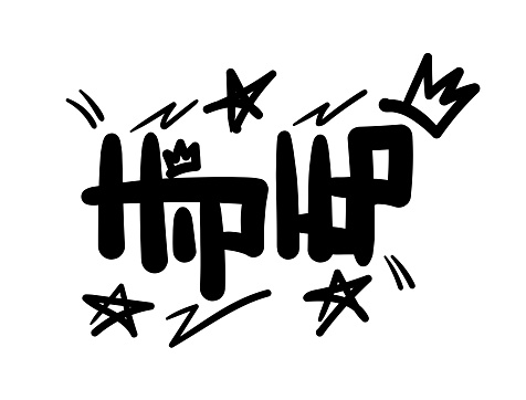 Handwritten text Hip-hop. Musical print. Drawn by hand. Isolated vector illustration.