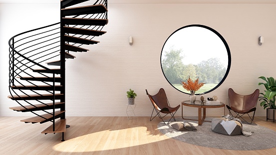 Sala de estar moderna y minimalista con muebles y gran ventana redonda, renderizado 3D photo