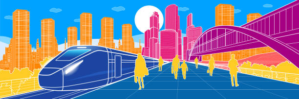 bunte verkehrsinfrastruktur-illustration, menschen, die auf den zug am bahnhof warten, fußgängerbrücke, moderne stadt auf farbigem hintergrund, geschäftsgebäude, urbane skyline, vektor-design-kunst - urban scene railroad track train futuristic stock-grafiken, -clipart, -cartoons und -symbole