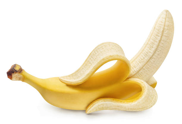 Peeled banana on white