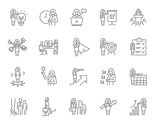 Business woman line icon set. Business woman line icon set. Included icons as multitasking, communication, boss, mentor, presentation, female leader and more. one woman only stock illustrations