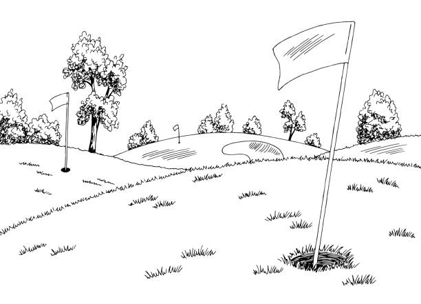 ilustraciones, imágenes clip art, dibujos animados e iconos de stock de campo de golf arte gráfico negro blanco paisaje boceto ilustración vector - sports flag