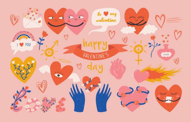 Set of abstract psychedelic doodles for valentine day Set of abstract psychedelic doodles for valentine day. Heart, hands, love, rainbow, potion, speech bubble in funky hand drawn style. Boho vector elements for design and print attached illustrations stock illustrations