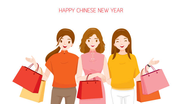 Chinese New Year, Three Women Shopping Together Traditional, Celebration happy family shopping stock illustrations