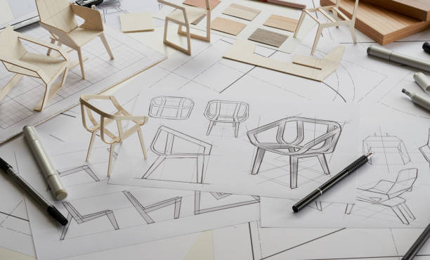 istock Designer sketching drawing design development product plan draft chair armchair Wingback Interior furniture prototype manufacturing production. designer studio concept . 1358576384