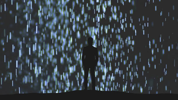 istock The man in suit standing on a falling shimmering particles background 1358577164
