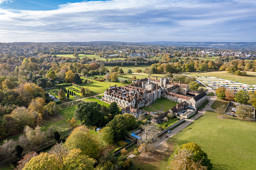 Westerham England - August 21 2019; Chartwell country house of Winston Churchill now part of National Trust as visitors to the estate walk along path below.
