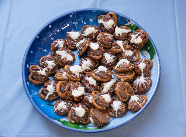 Turtle Pretzels at a Christmas Party stock photo