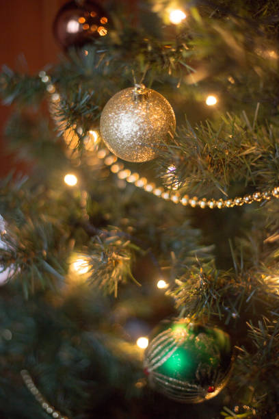 Christmas tree with lights and decorations with soft focus stock photo