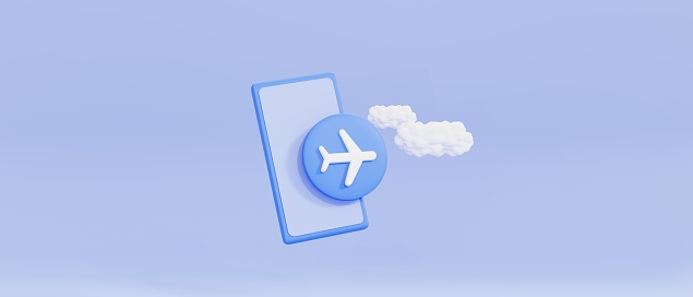 3D rendering. Concept of airplane mode and flight mode for a phone. Cell phone and airplane icon and clouds. Horizontal banner