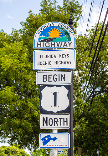 Key West, USA - August 26, 2014: Mile Zero in Key West, highway sign No1 Florida keys